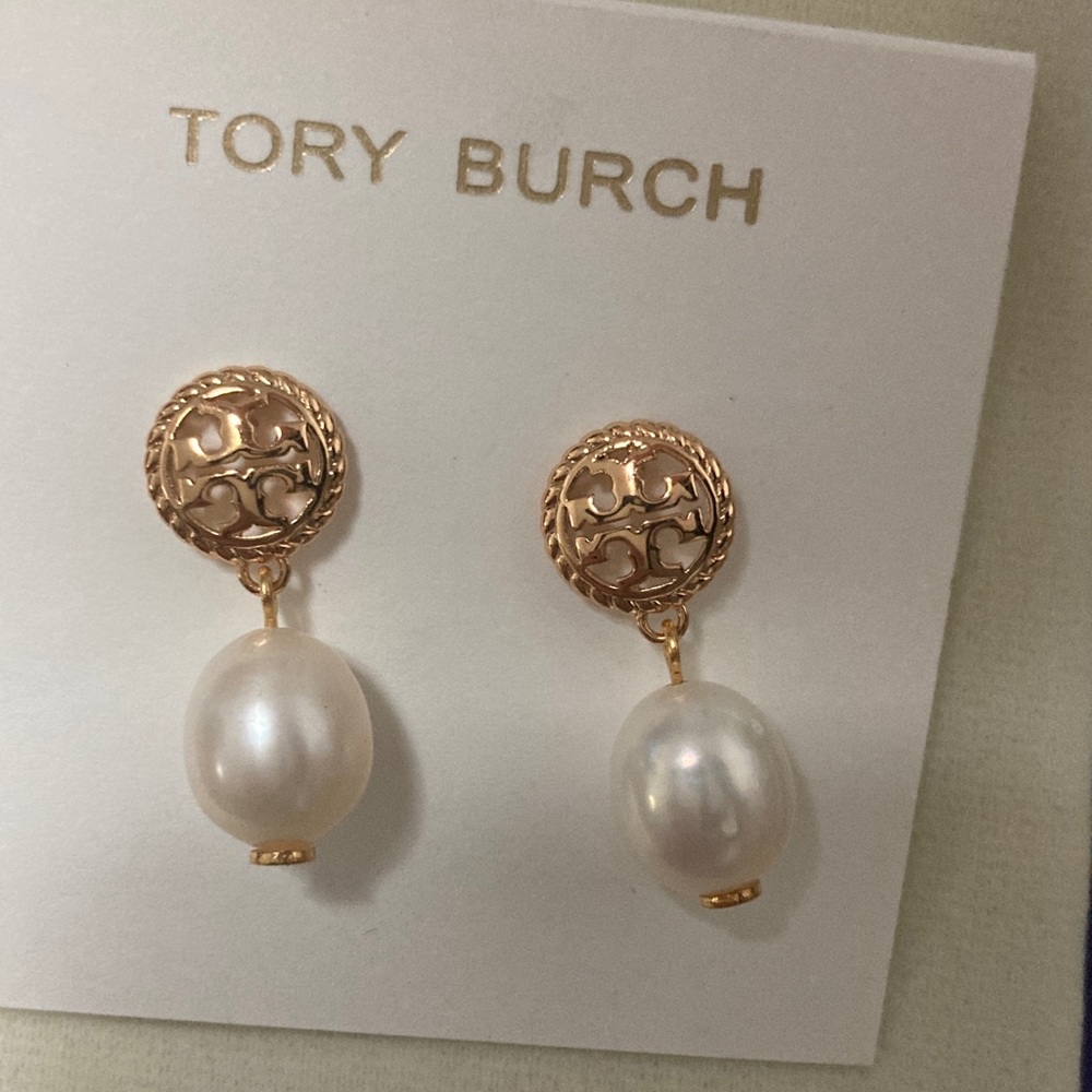 Tory Burch Gold Pearl Drop Logo Earrings